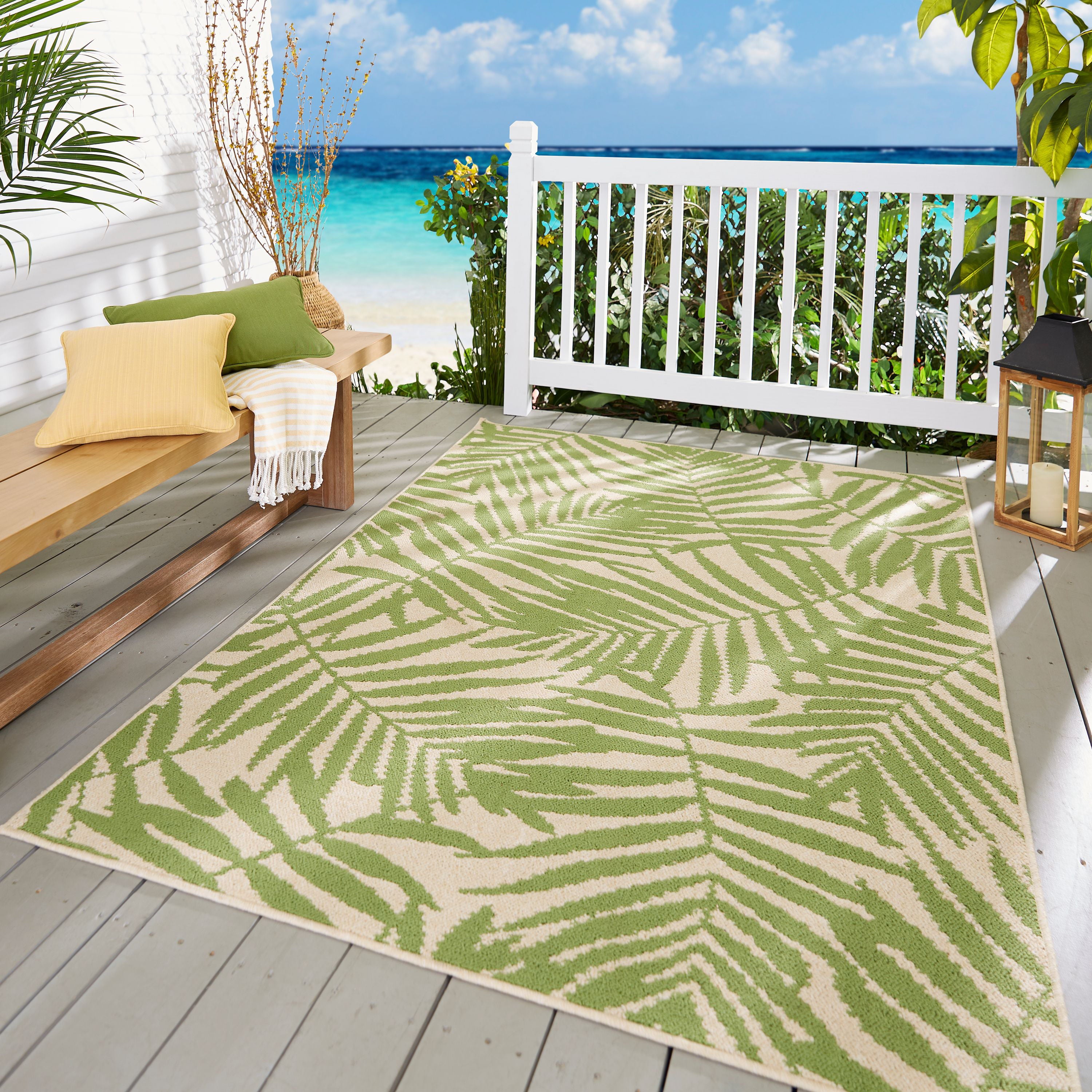 Mainstays Palms Tufted Floral Outdoor Rug, Green and Beige, 6' x 9'