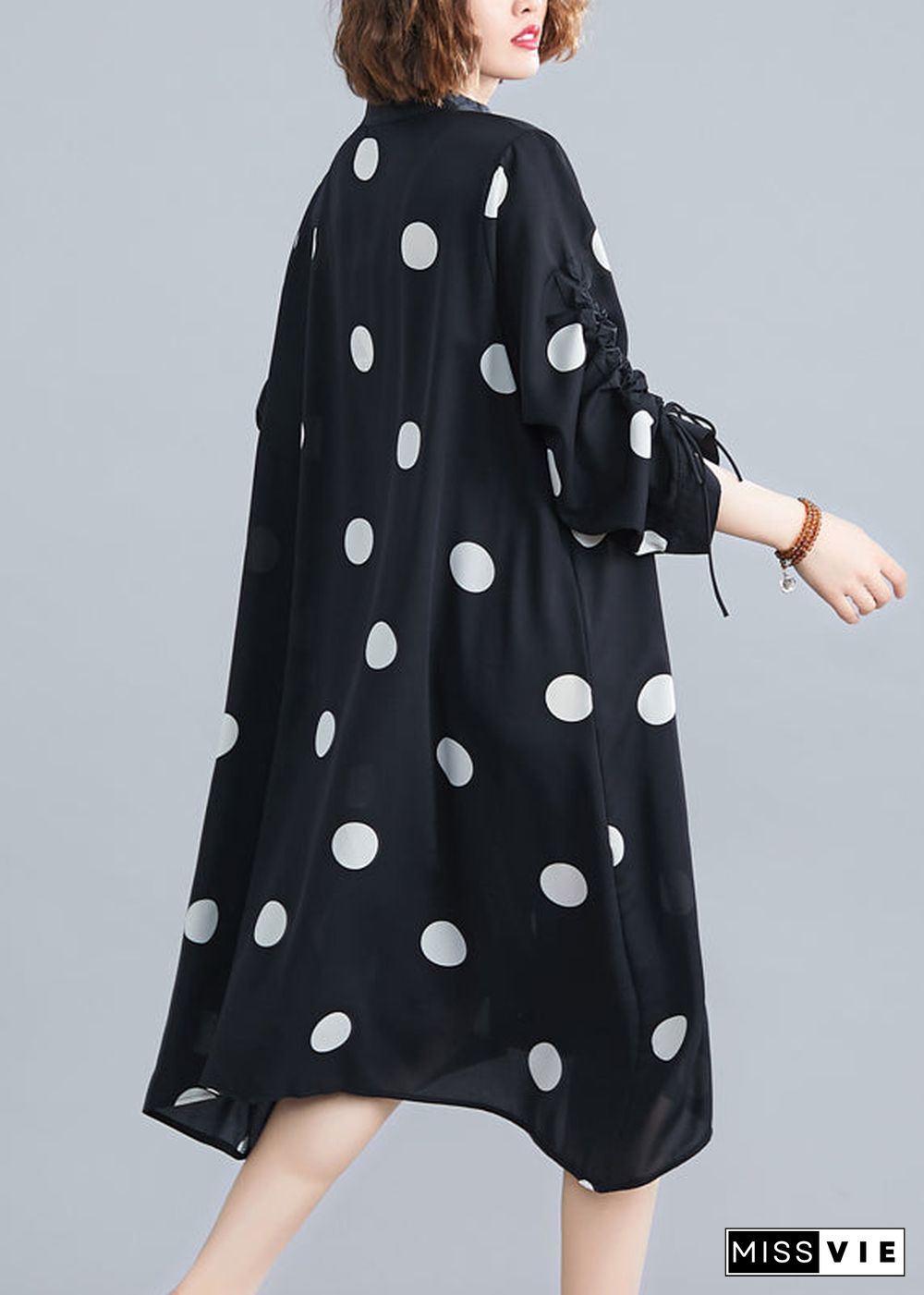 Plus Size Black Dot Lace Up Patchwork Chiffon Dresses Fall