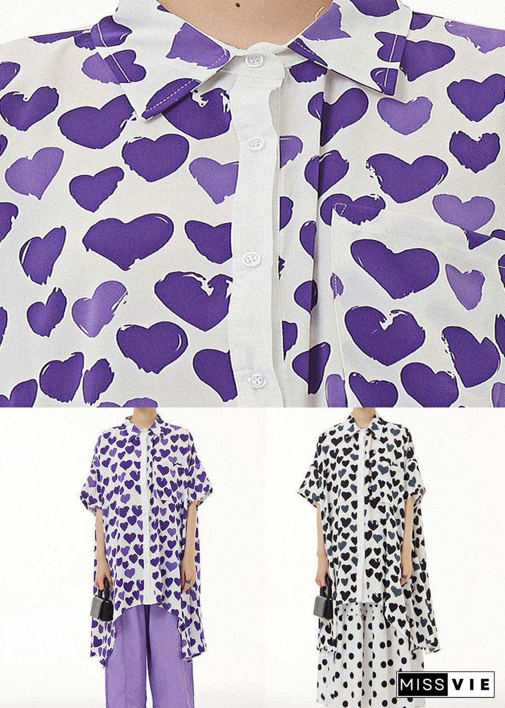 Purple Print Chiffon Shirt Tops Asymmetrical Design Summer