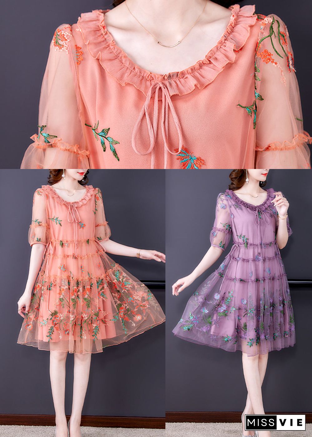 Pink Hollow Out Chiffon Holiday Dress Lace Up Embroideried Summer