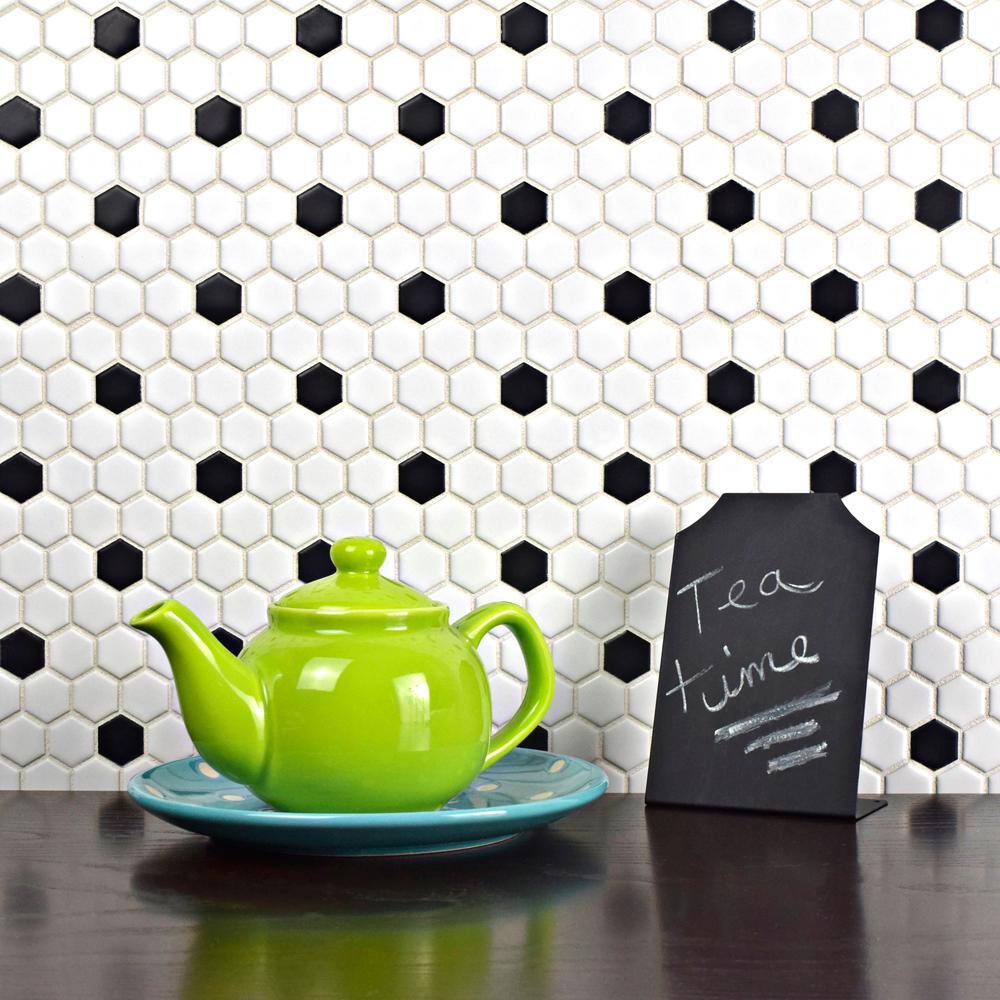 Merola Tile Metro Hex Matte White with Black Dot 10-14 in. x 11-78 in. Porcelain Mosaic (8.6 sq. ft.Case) FDXMHMWD