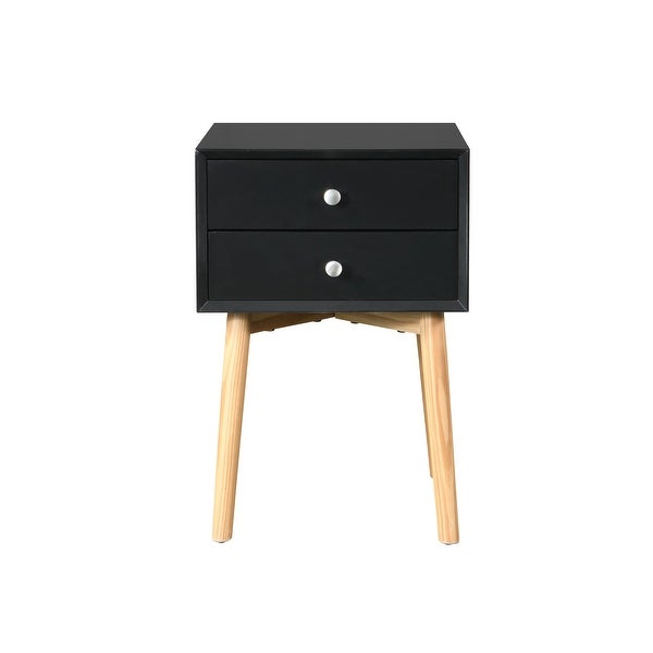 Mid-Century Side Table Nightstand with 2 Drawer， Wood Legs and Sliver Metal Knobs for Bedroom Living Room