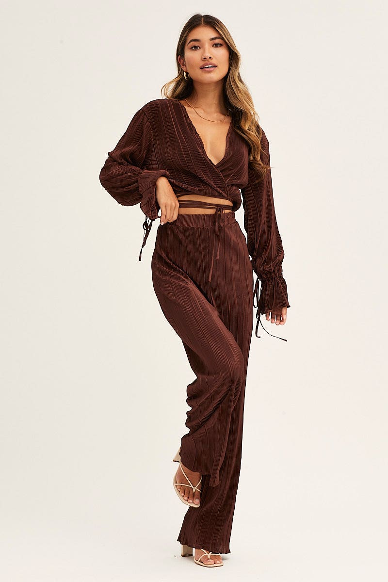 Brown Plisse Pants Wide Leg High Rise