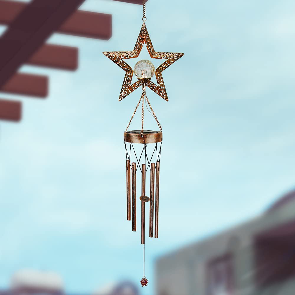 Solar Wind Chimes for Outdoor/Indoor Crackle Glass Ball LED Star Wind Chime， Waterproof Metal Bronze Unique Memorial Sympathy Gift， Hanging Decorative for Garden Home Yard Patio Lawn