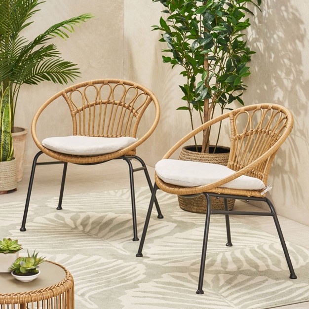 Banya 2pc Patio Wicker Chair With Cushions Light Brown beige black Christopher Knight Home