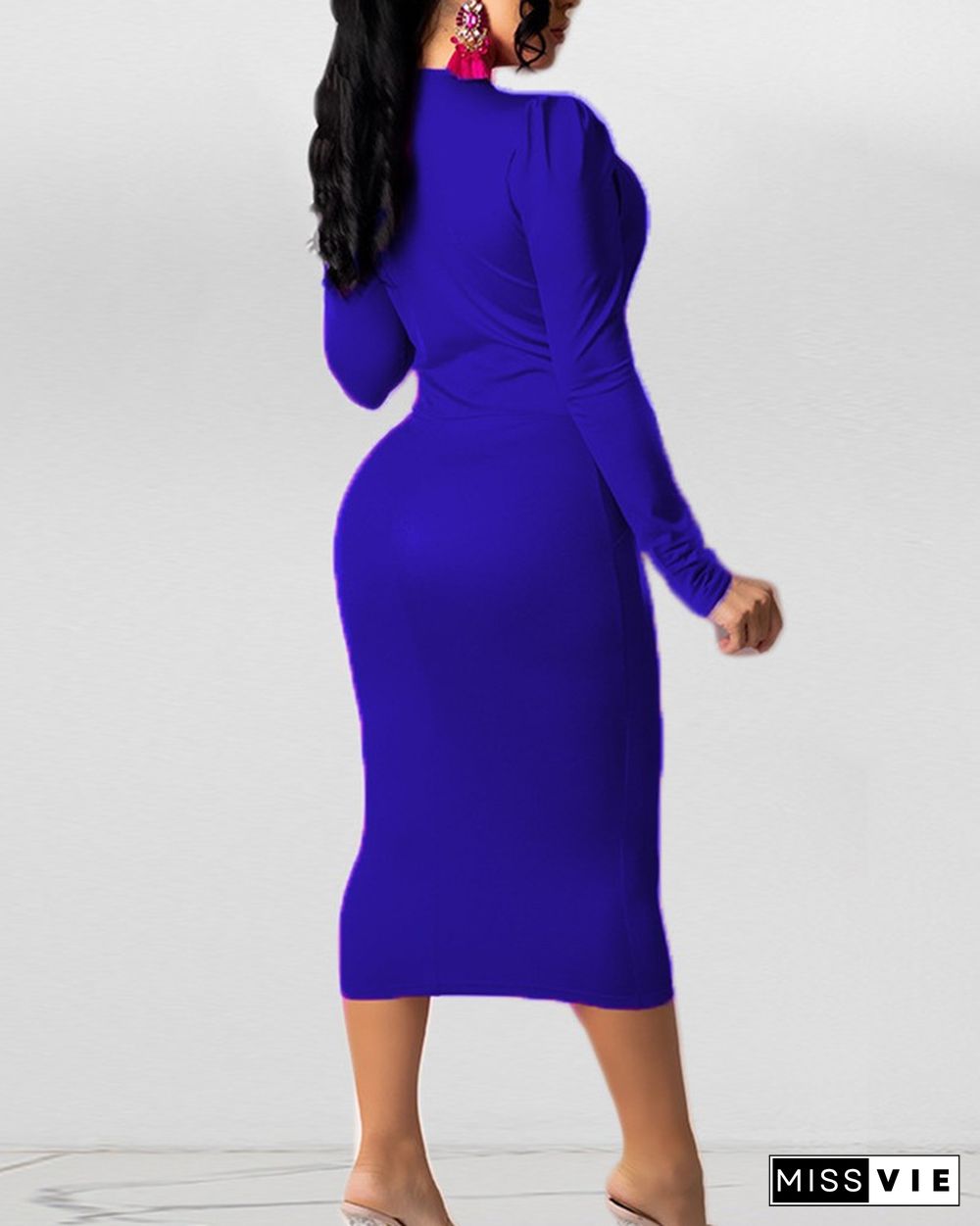 Solid Deep V-Neck Twist Puff Sleeve Bodycon Dress