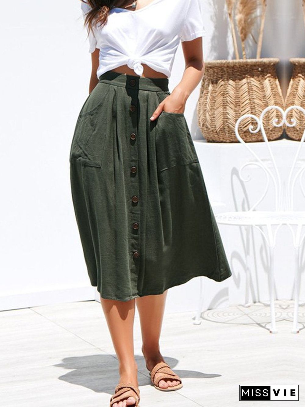 A-Lined Buttons Knee Length Midi Skirt With Pockets