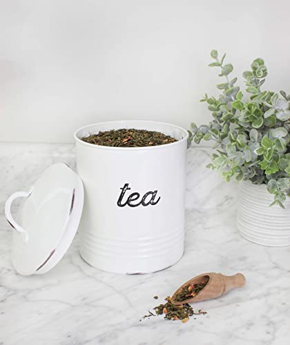 AuldHome Enamelware White Tea Canister; Rustic Distressed Style Tea Storage for Kitchen