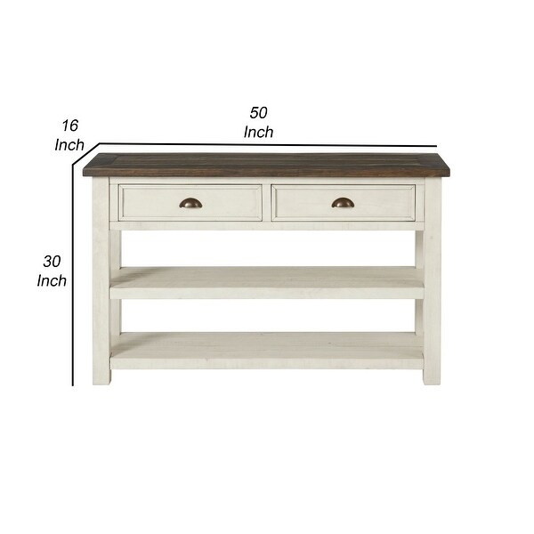 Fiya 50 Inch Coastal Sofa Console Table， 2 Drawers， 2 Shelves， Brown， White