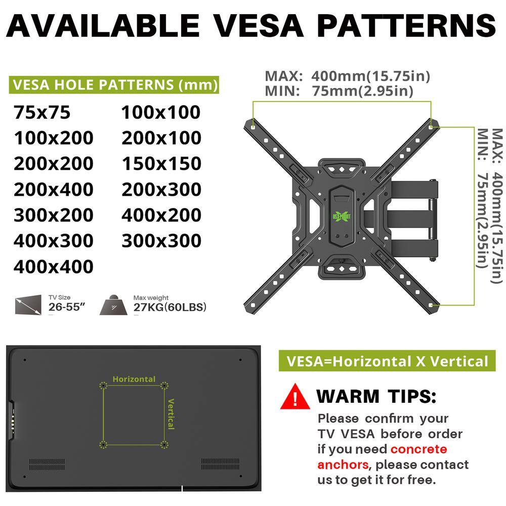 USX MOUNT Medium Full-Motion TV Mount for 26 in. to 55 in. Flat Screen TVs Max VESA 400x400mm and 60 lbs. HMM006