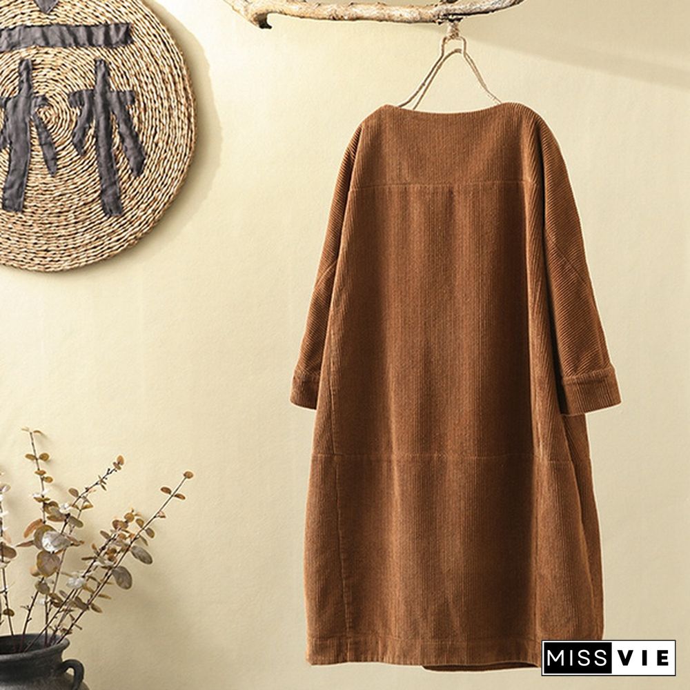 Womens Oversize Corduroy Crew Neck Long Sleeve Pure Color Casual Loose Pockets Long Shirt Dress Midi Dress Tunic Tops Plus Size