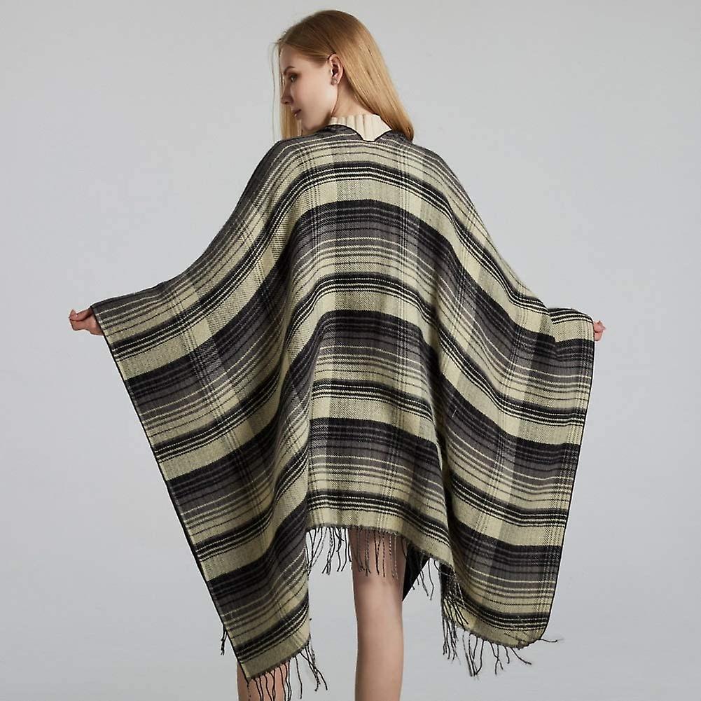 Women's Tassel Plaid Poncho Pashmina Shawl Wrap Cape Sweater Black -