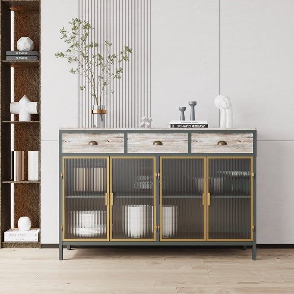 4 Glass Doors Modern Sideboard with 3 Top Drawers， Freestanding Sideboard