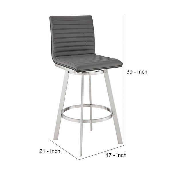 Aron 26 Inch Counter Height Swivel Stool， Vegan Faux Leather， Gray， Chrome