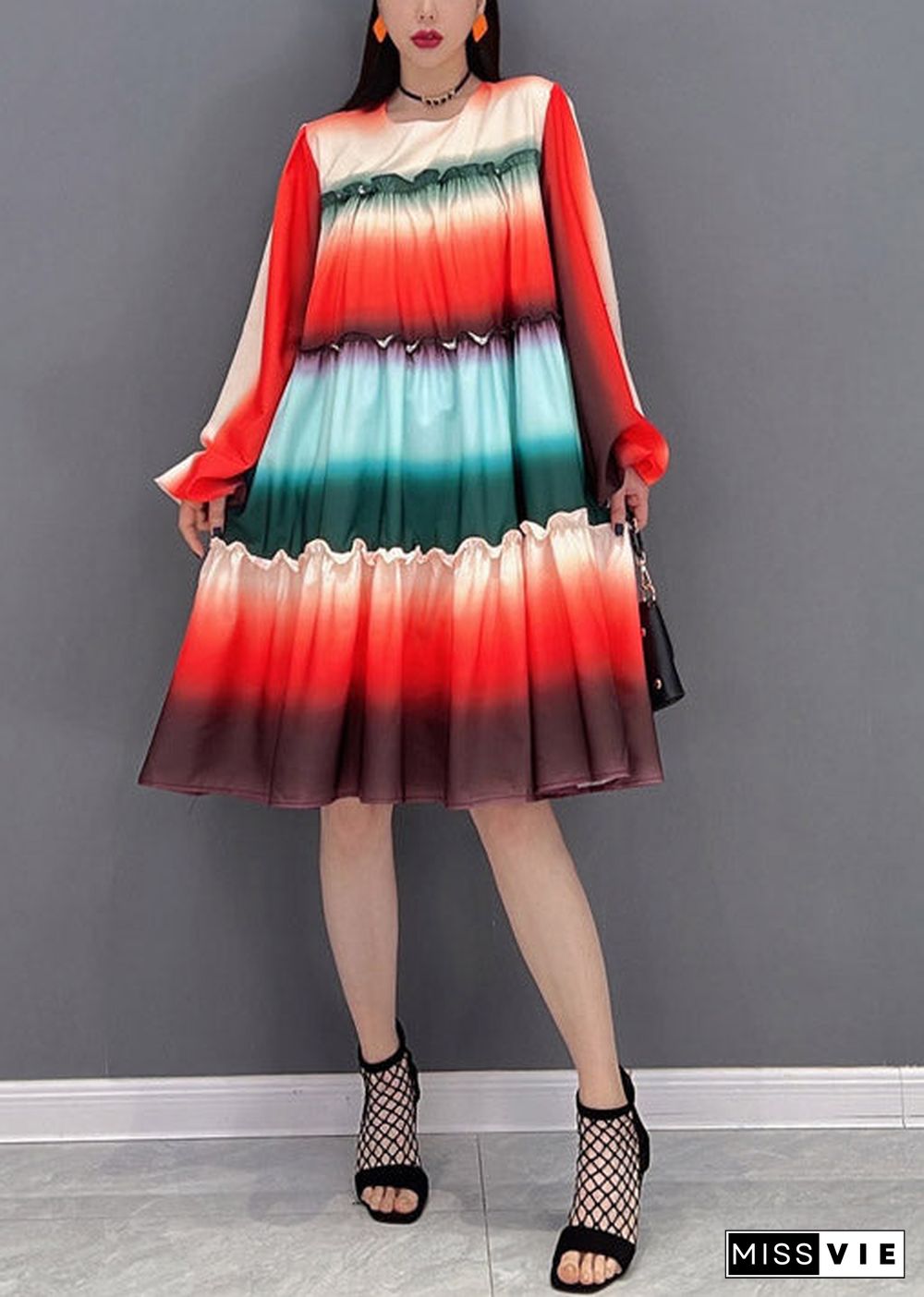 Casual Gradient color O-Neck Ruffled Patchwork A Line Dresses Long Sleeve