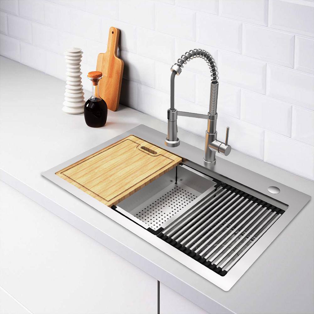 Glacier Bay AIO 33 in. Drop-inUndermount Single Bowl 18 Gauge Stainless Steel Workstation Kitchen Sink with FaucetCutting Board 4332F