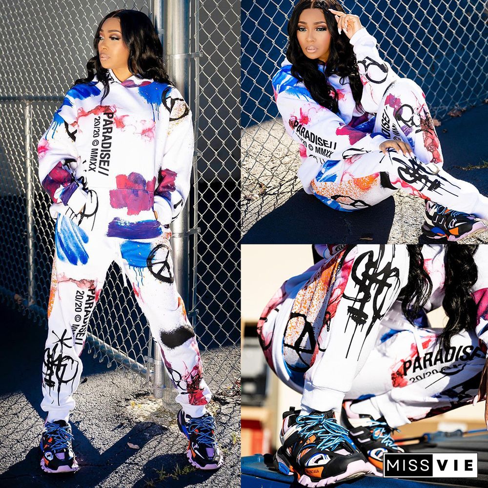 Womens Autumn Inkjet Print Hoodie Pants Sport Two Piece Set