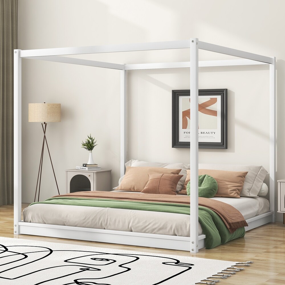 King Size Canopy Bed  Wooden Platform Bed  Modern Style Canopy Platform Bed  Luxury Large Bed Frame