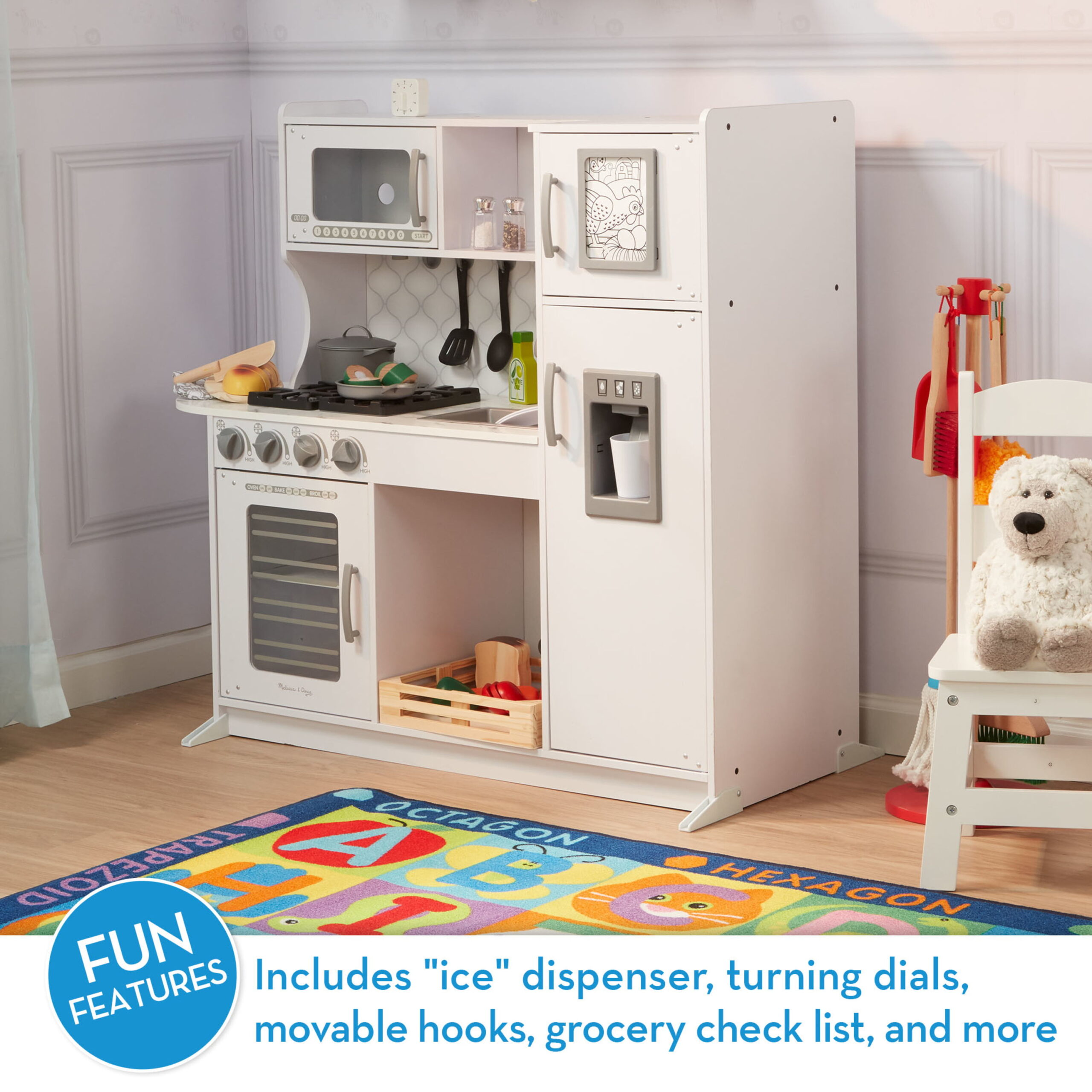 Melissa and Doug Wooden Chef’s Pretend Play Toy Kitchen With “Ice” Cube Dispenser – Cloud White - FSC-Certified Materials