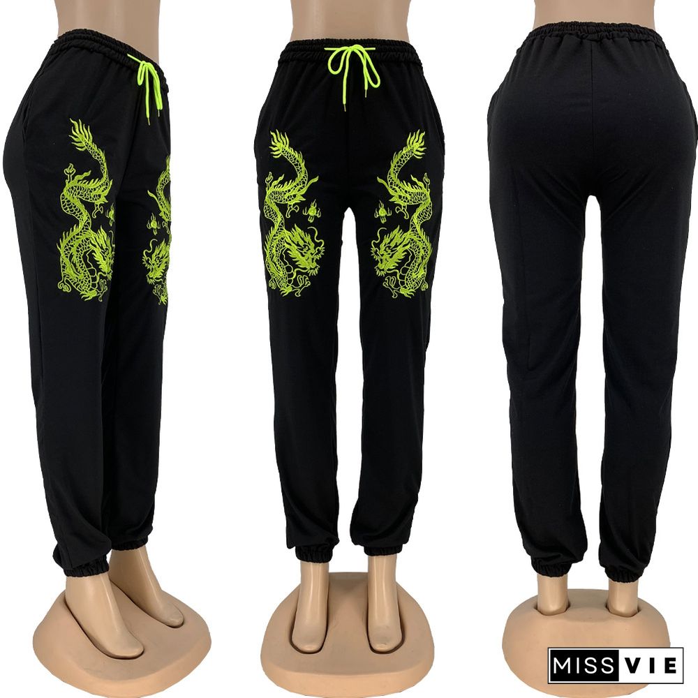 Chinese Style Embroidered Mid-waist Drawstring Sweatpants