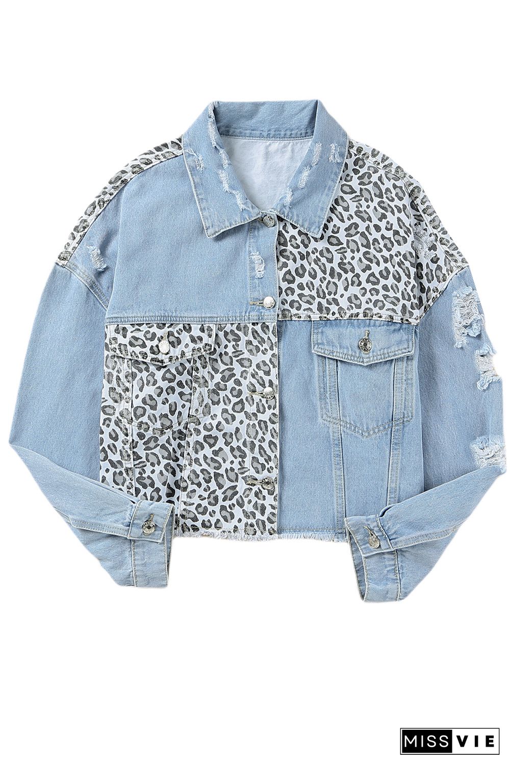 Sky Blue Plus Size Leopard Ripped Cropped Denim Jacket