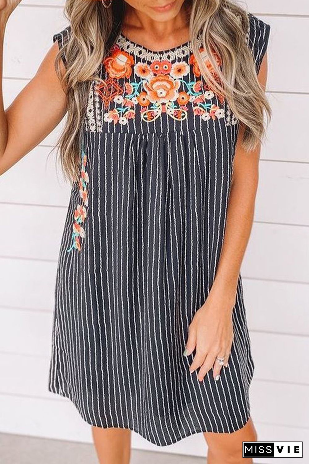 Blue Embroidered Striped Print Sleeveless Mini Dress