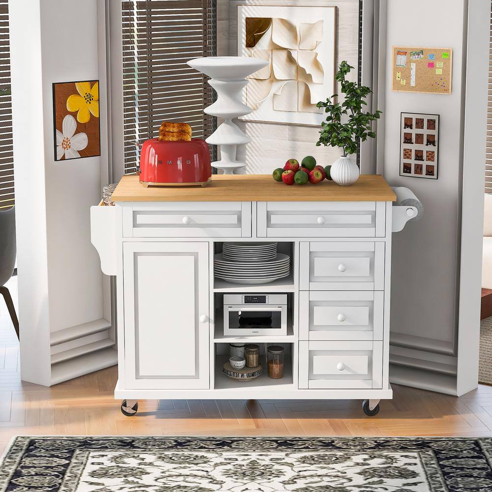 Rubber Wood Desktop White 52.8 in. W x 18.1 in. D x 36.2 in. H Kitchen Island on 5 Wheels with Spice Rack and Drawers W999VESINK21