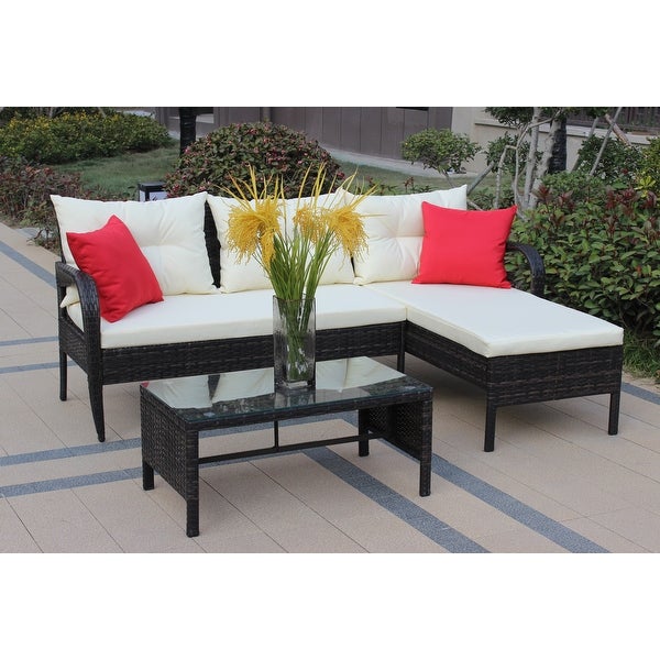 3-Pieces Outdoor Patio Furniture Sets for 3-4， Wicker Rattan Sectional Conversation Set with 2 Seat Cushions and 3 Back Cushions - Overstock - 37426701