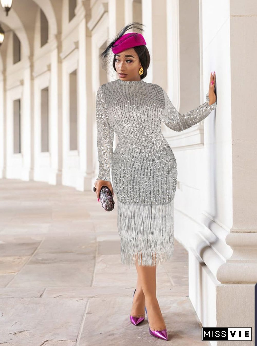 Sexy Sequins Long Sleeves Tassel Nightclub Dress