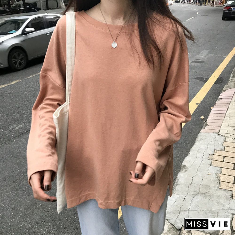 T-Shirts Long Sleeve Solid Tees O-Neck Slit Side Popular 2Xl Loose Lazy Daily All-Match Kpop Womens Ulzzang Ins Hipster Basic