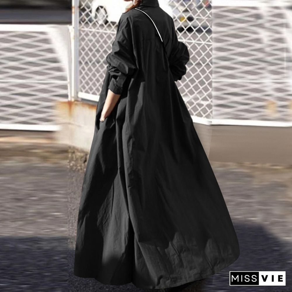 Women Turn-Down Collar Long Sleeve Shirt Dress Loose Plain Maxi Blouse Dresses