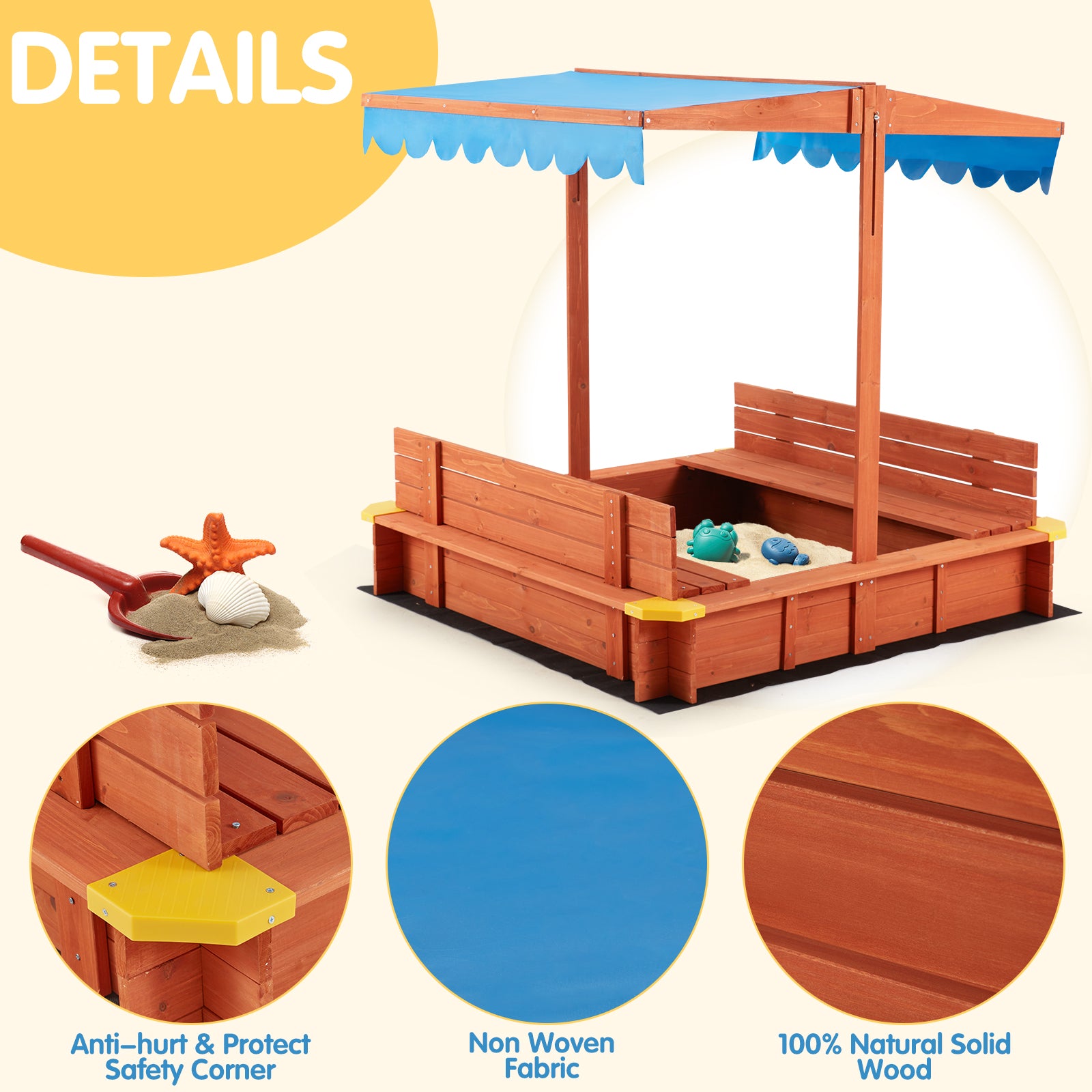 AVAWING Kids Sandbox with Canopy(47.2x 47.2x 47.2)，Wooden Sandbox Toys for Toddlers aged 2-4， with Two Beach Seats， UV-Resistant and Adjustable Height Roof Sand Protection， Blue and Red