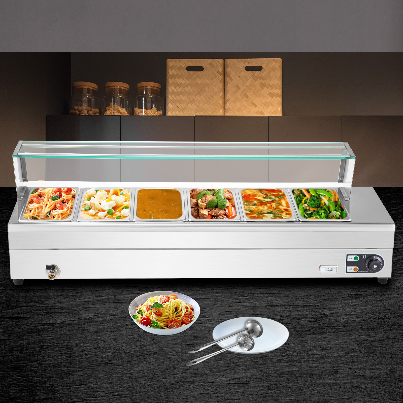 VEVORbrand 6-Pan Bain Marie Food Warmer 6-inch Deep， 1500W Electric Countertop Food Warmer 42 Quartz with Tempered Glass Shield with 6 Lids and 2 Ladles