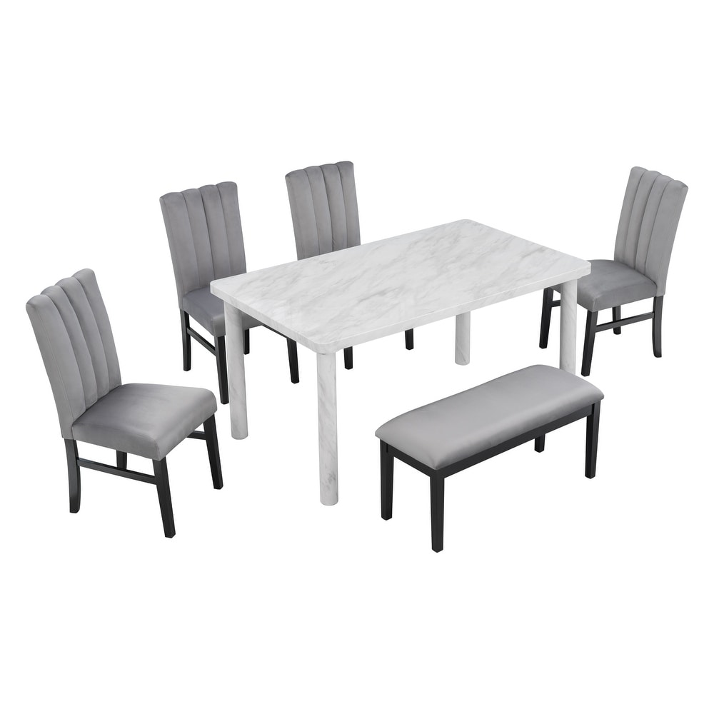 Modern 6 Piece Dining Set with Marble Veneer Table and Tufted Upholstered Dining Chairs and Upholstered Bench  for Dining Room