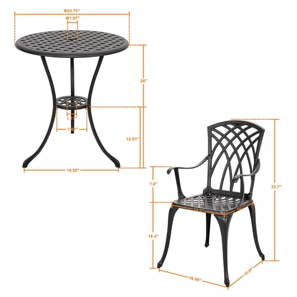 24 Inch Cast Aluminum Bistro Table with Umbrella Hole and 2 Bistro Chairs