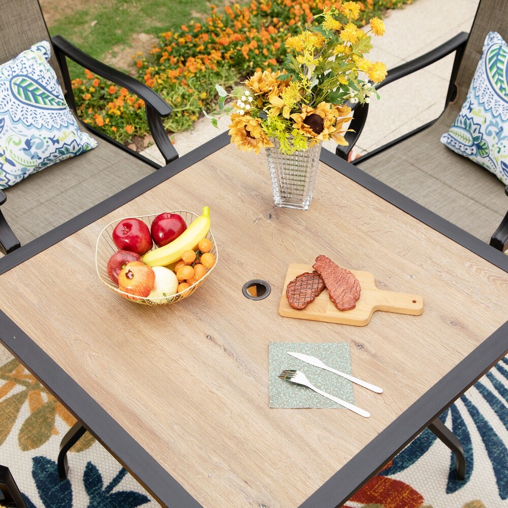 Patio Dining Set   4/6 Textilene Chairs and 1 Wood like Table with Umbrella Hole