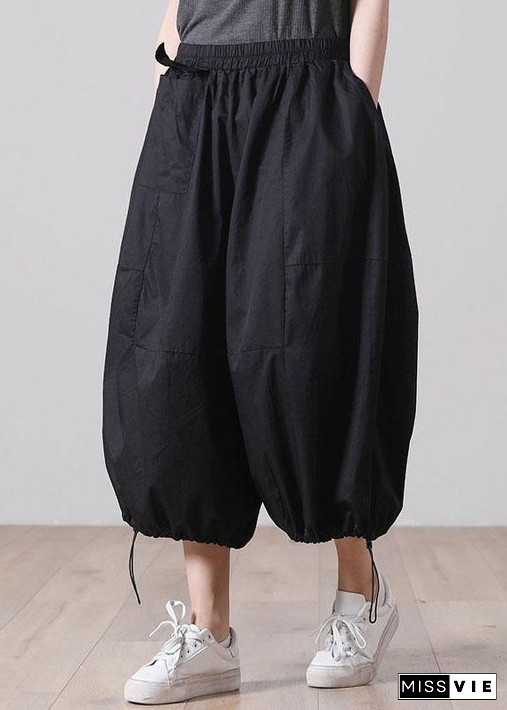 Classy Black Pockets Casual Wide Leg Cotton Pants