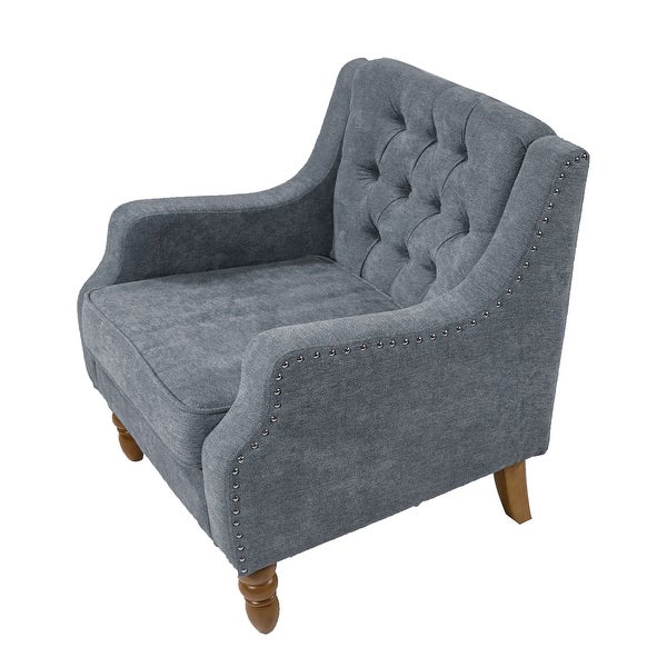 Button Tufted Upholstered Arm Accent Chair with Vintage Studs， Grey