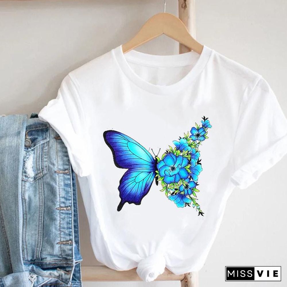 Women flower butterfly lovely style printing tshirt casual T tee top fashion clothes cartoon print lady female clothing graphic short sleeve t-shirt