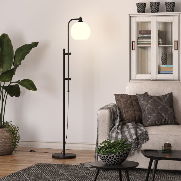 Antho Height-Adjustable Floor Lamp with Glass Shade in Blackened Bronze/White Milk