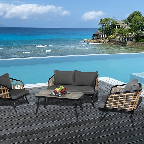 4Piece Rattan Wicker Outdoor Sofa Set with Cushions and Table