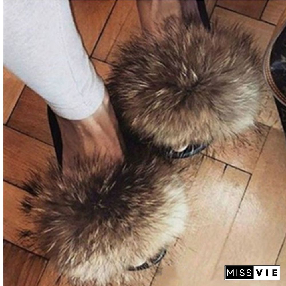 Women New Fashion Fluffy Faux Fur Slippers Sandals Indoor Outdoor Plush Slides Home Flat Shoes