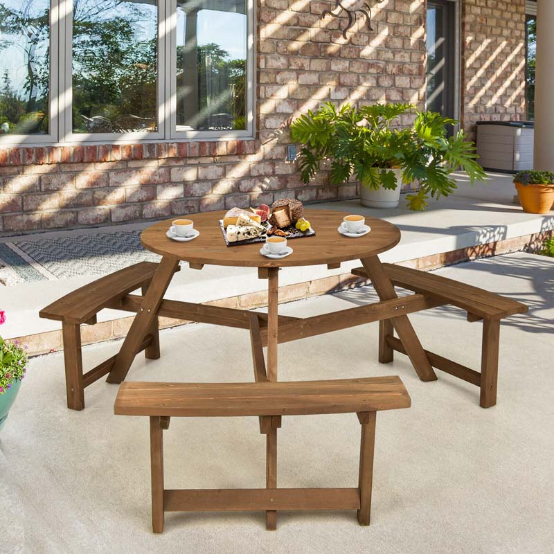 6-Person Round Wooden Picnic Table Bench Set with Umbrella Hole, DIY Paint Outdoor Patio Dining Table Set