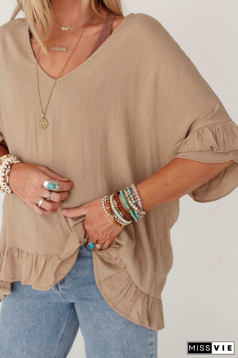 Light French Beige Loose Ruffled V Neck Blouse