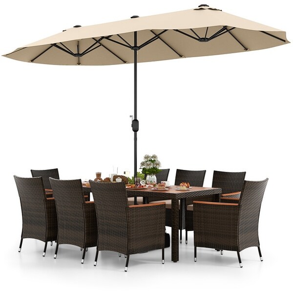 9 Piece Outdoor Dining Set with 15 Feet DoubleSided Twin Patio Umbrella