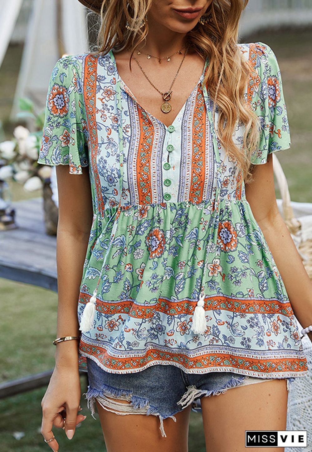 Tie V Neck Peplum Boho Blouse