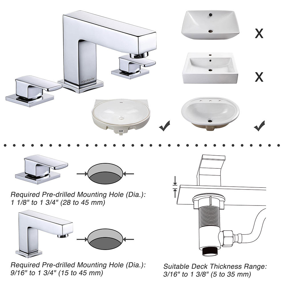 Aquaterior Widespread Faucet 3-Hole 2-Handle Cold Hot 4