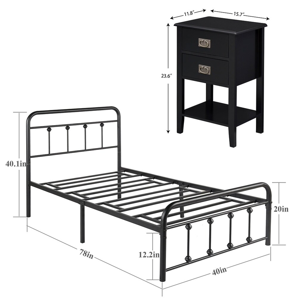 Taomika Bedroom Set Black Bed Frame and 2 Drawer Nightstand Set of 2