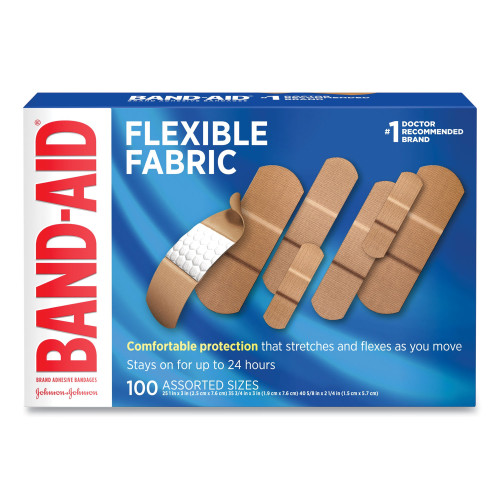 BAND-AID Flexible Fabric Adhesive Bandages， Assorted， 100/Box (11507800)