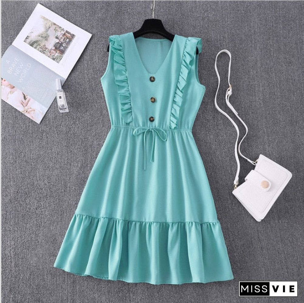 Women Summer Dress Casual Boho Beach Ruffles Mini Dress Party Sexy V-Neck High Waist Female Dresses